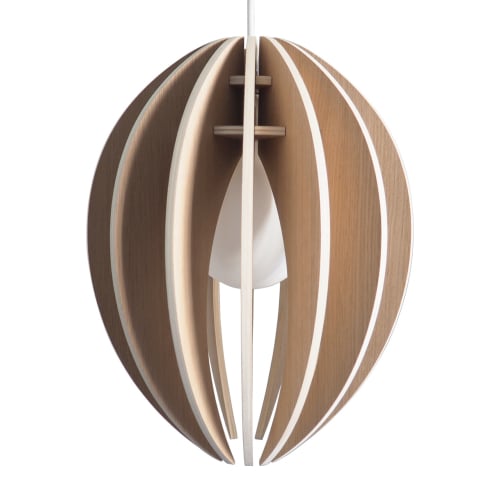 Lampe à suspendre grand format en bois chêne naturel avec fil blanc made in France